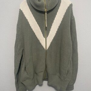 Varley Olive and Cream Turtleneck Sweater